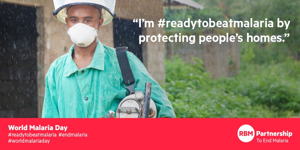 Man wearing protective gear with text saying I'm #readytobeatmalaria by protecting people's homes
